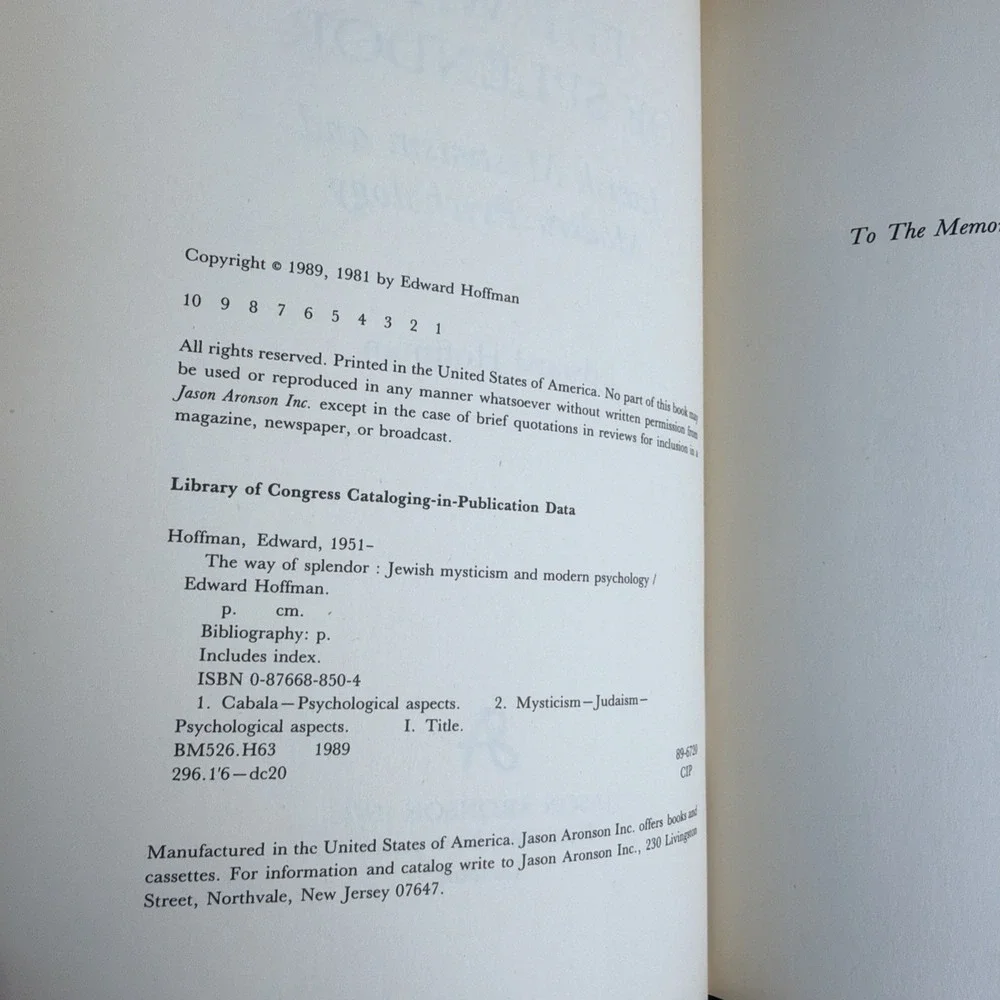 The Way‎ Of Splendor: Jewish Mysticism and Modern Psychology: Hoffman: HB: 1989